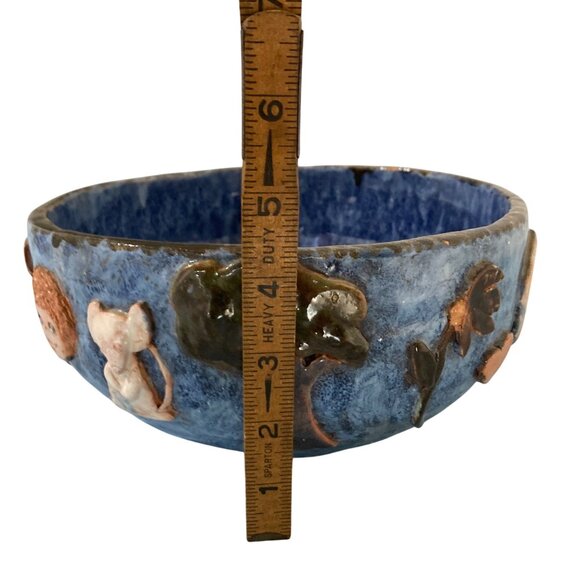 Whimsical Naive Blue Pottery Bowl Faces Mouse Rabbit Tree Balloons Sun And Moon - Picture 7 of 10